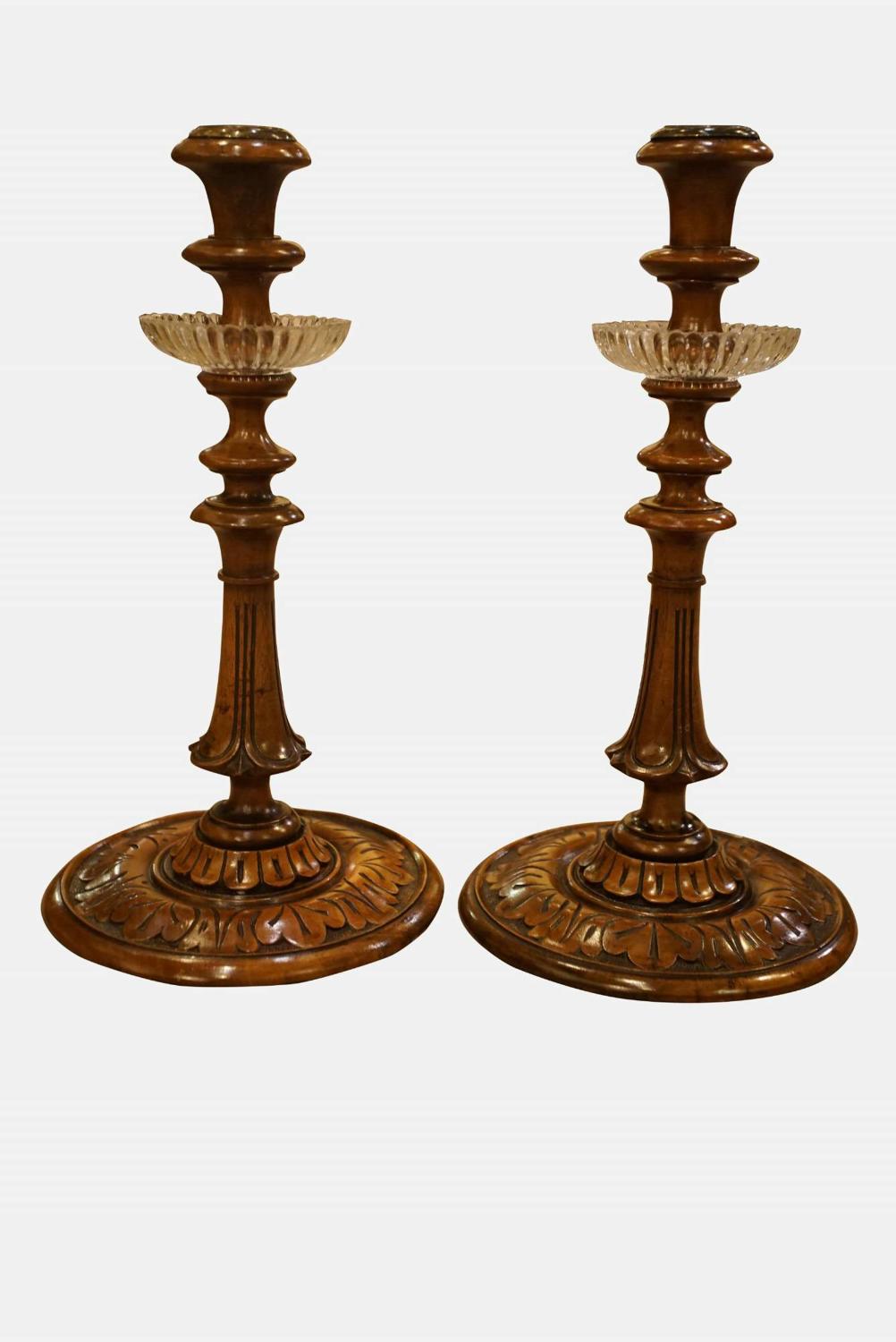Pair of Mid 19thC Carved Walnut Candlesticks