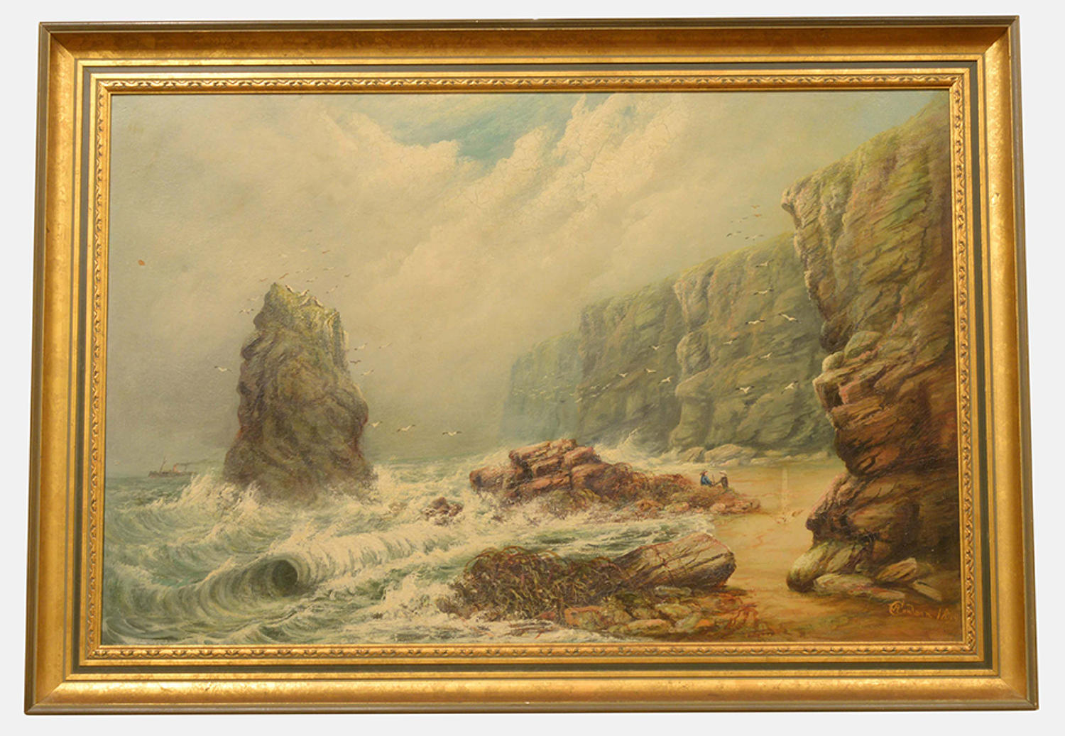19th Century Oil on Canvas of Stormy Beach