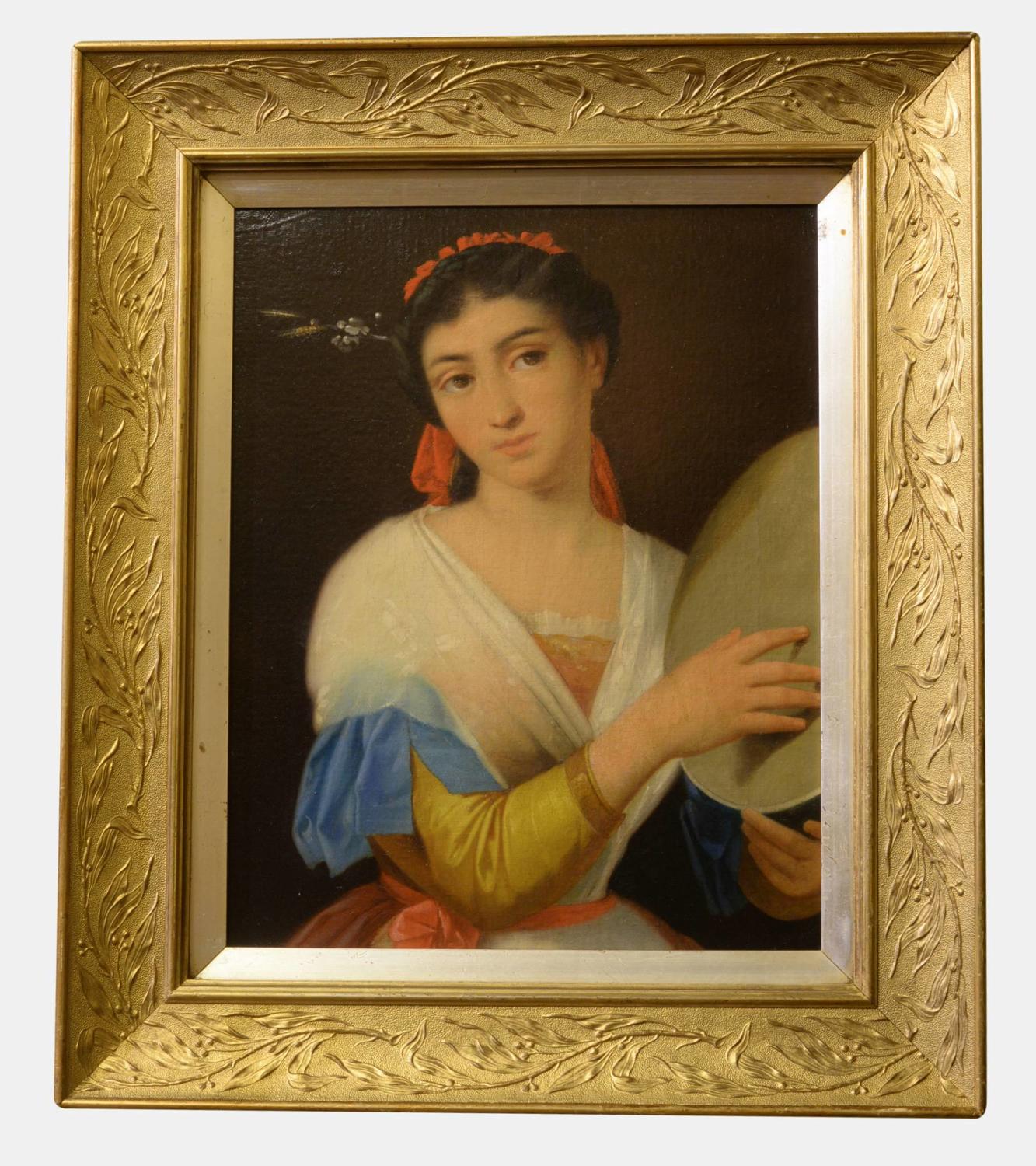 Italian Oil on Canvas of Girl With Tambourine