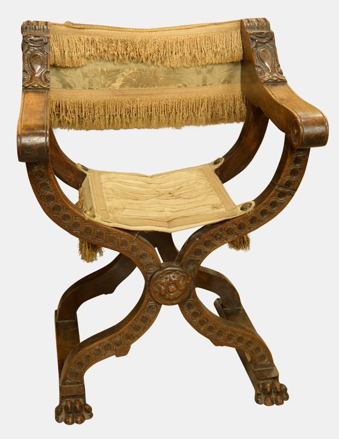 Italian Walnut Carved X Frame Chair