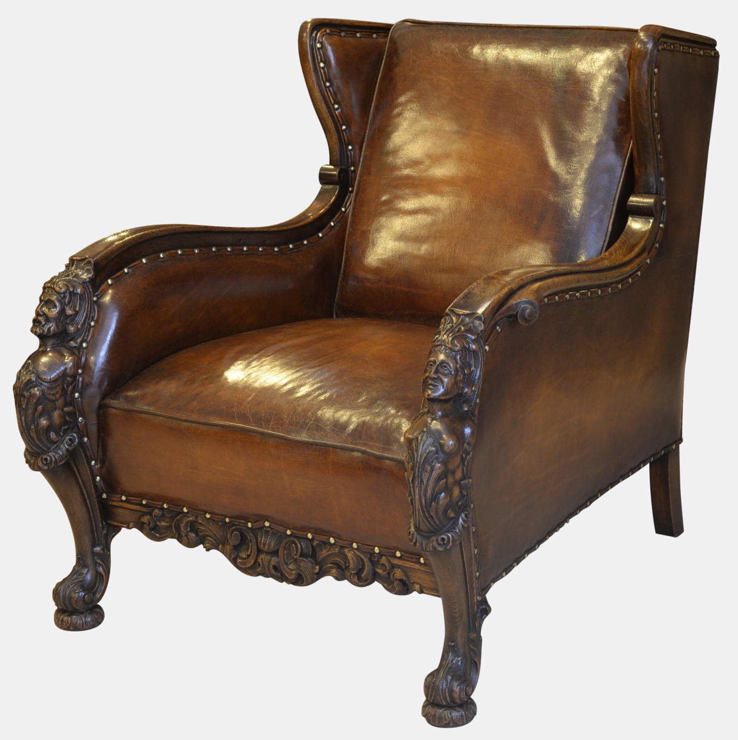 19th Century Carved Leather Arm Chair