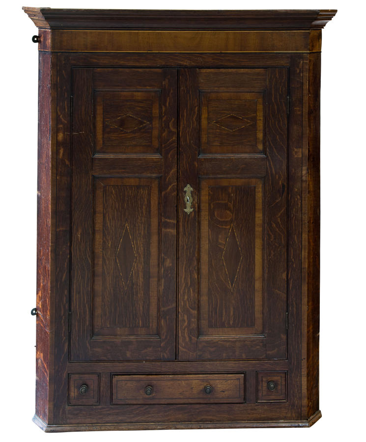 George III oak corner cabinet with geometric inlays