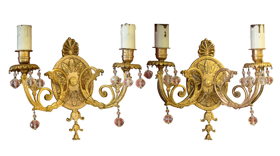Pair of ormolu wall lights with glass drops c1920