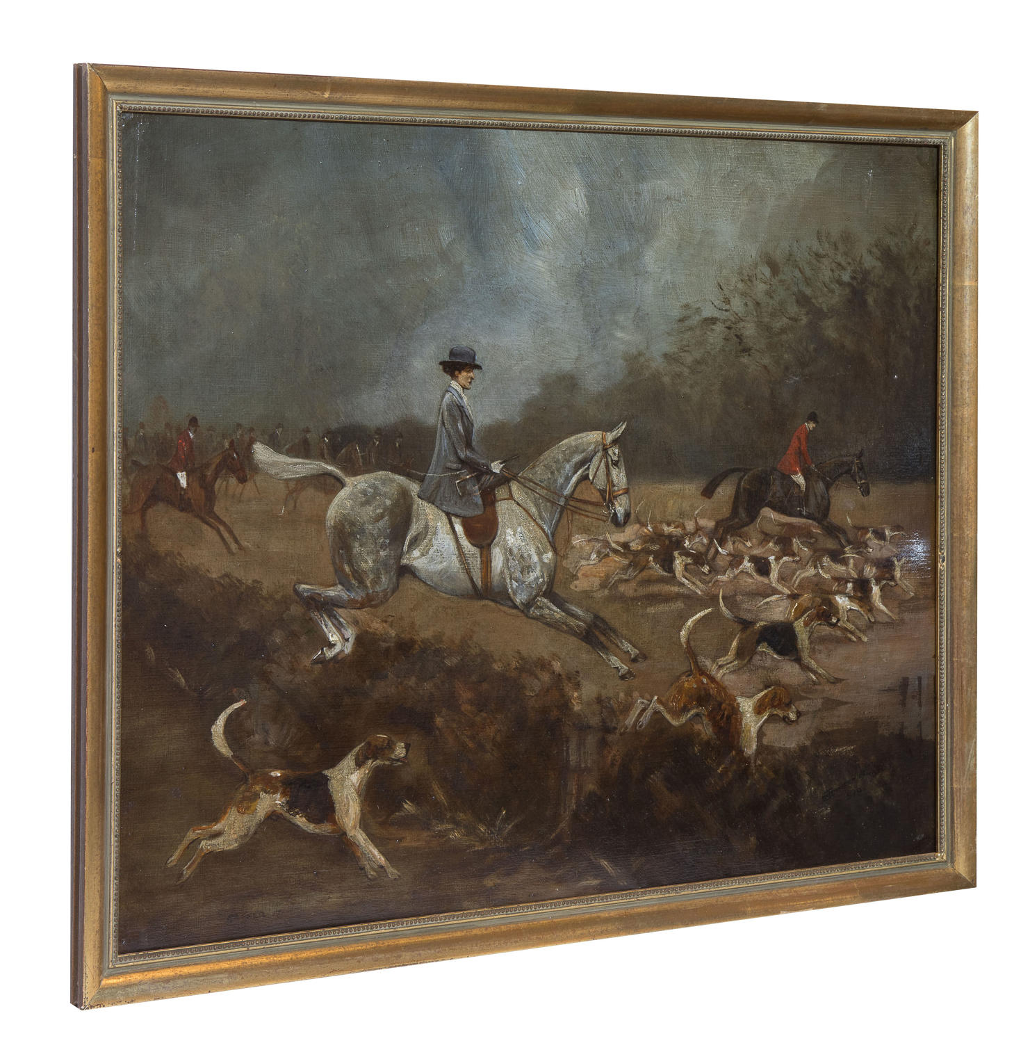 Country woman hunt scene oil on canvas
