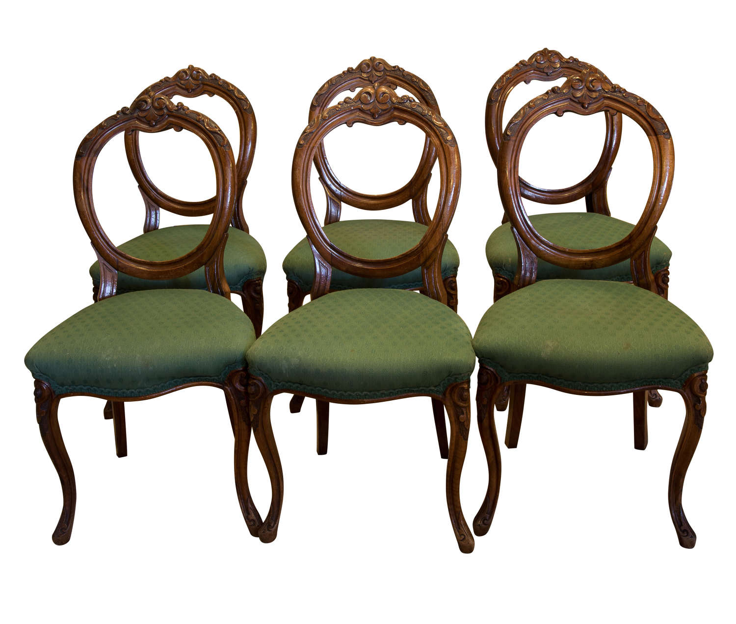Set of 6 Carved Walnut Balloon Back Chairs