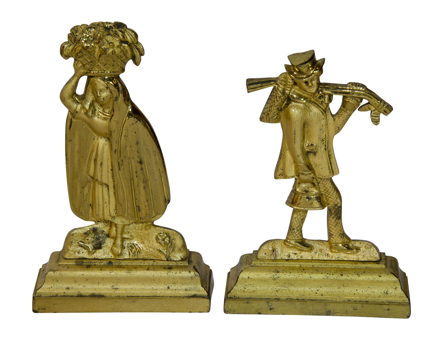 Charming Pair of French Gilt Bronze Figurines of Flower and Sportsman