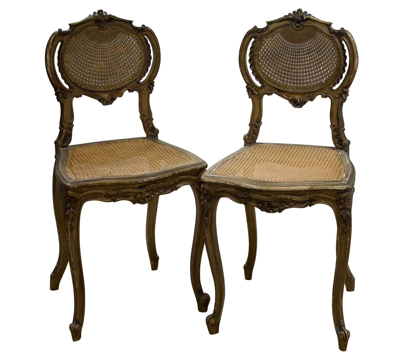 Pair of Antique Carved Giltwood & Cane Rout Chairs