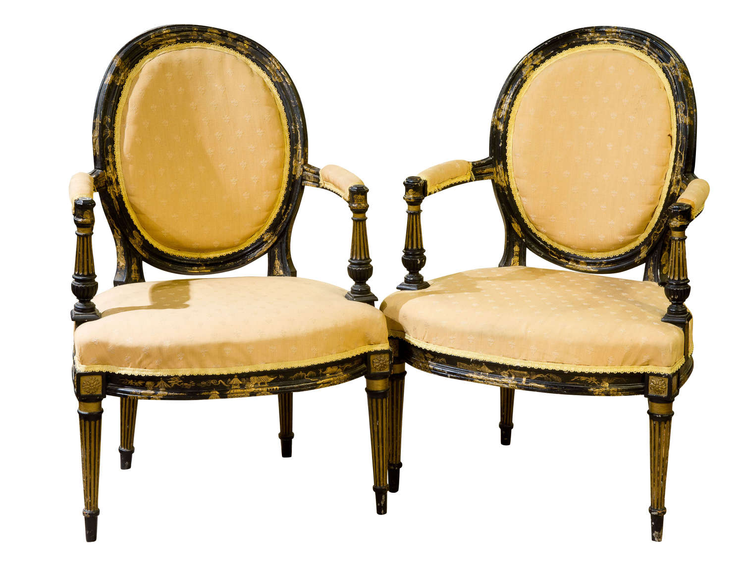 Pair of 19th black lacquered elbow chairs c1865