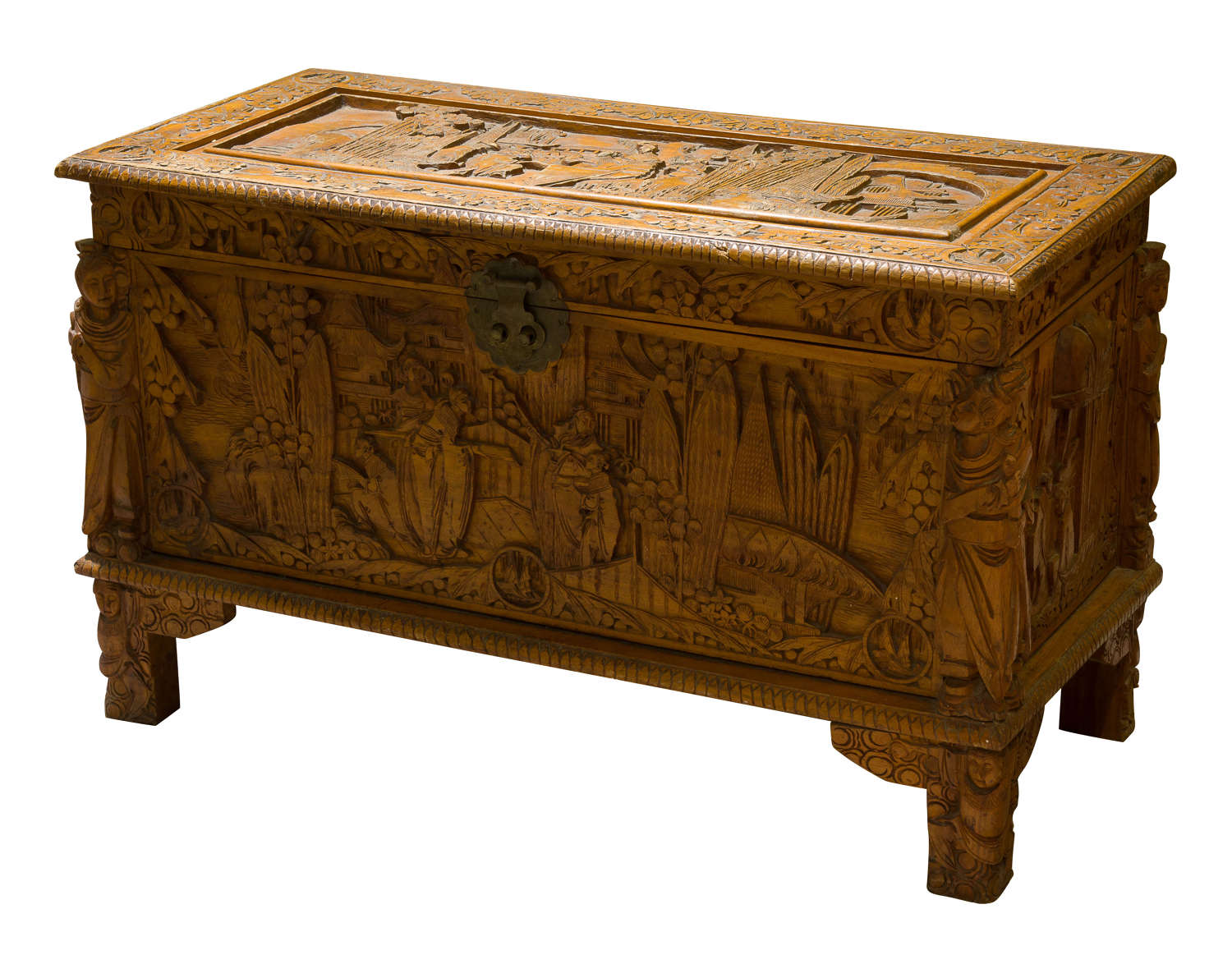 An early 20thCentury Chinese style carved Camphorwood chest