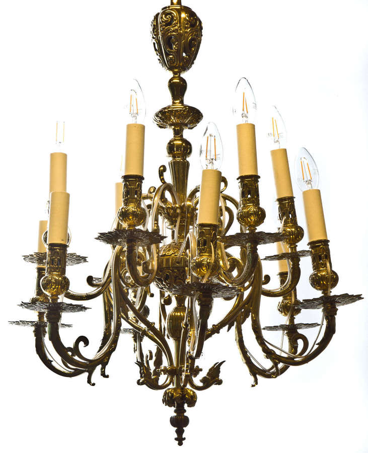 Early 20thCentury gilt brass twelve light two tier chandelier