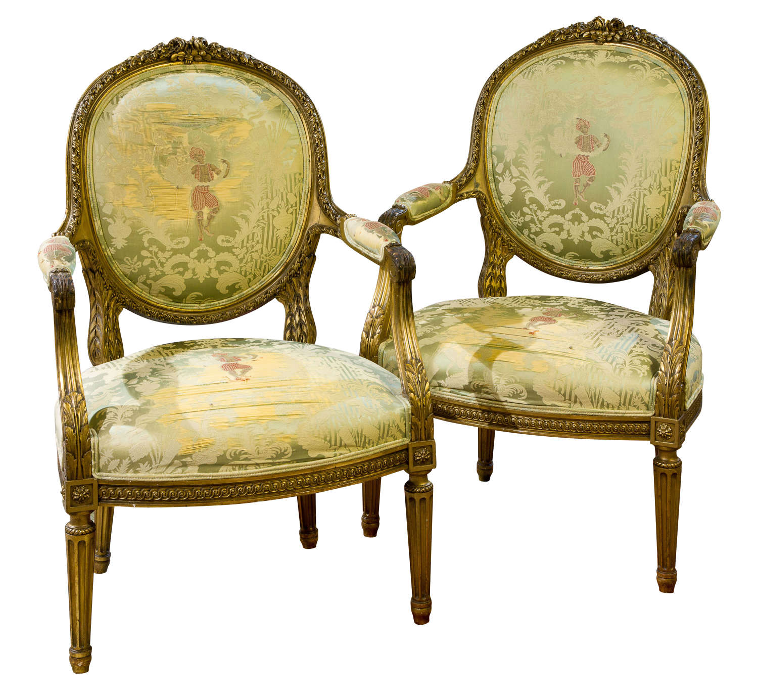 A pair of 19thC gilded oval back Louis XVI Style chairs