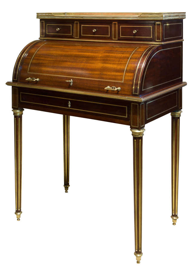 French 19thc Louis XVI style brass inlaid cylinder desk