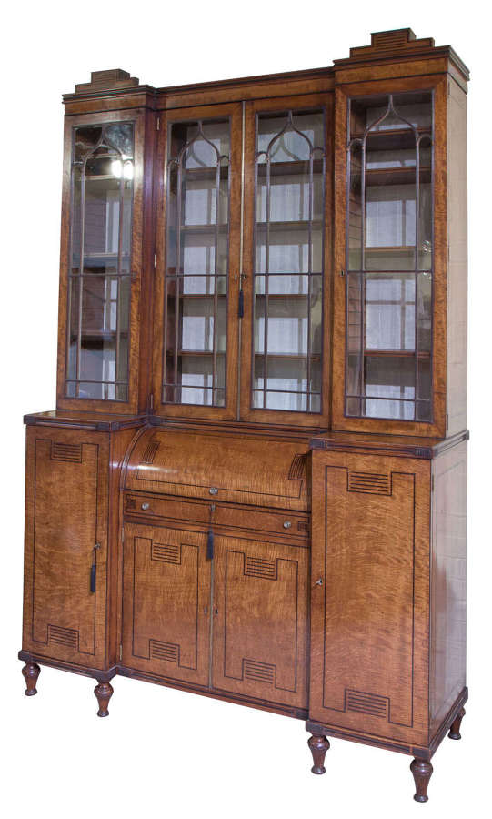 Regency mahogany & ebony inlaid breakfront desk and bookcase