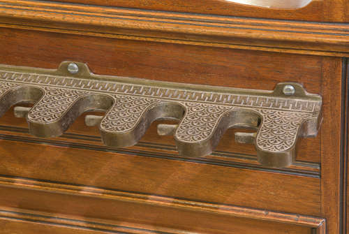 A mahogany mechanical snooker cue stick stand