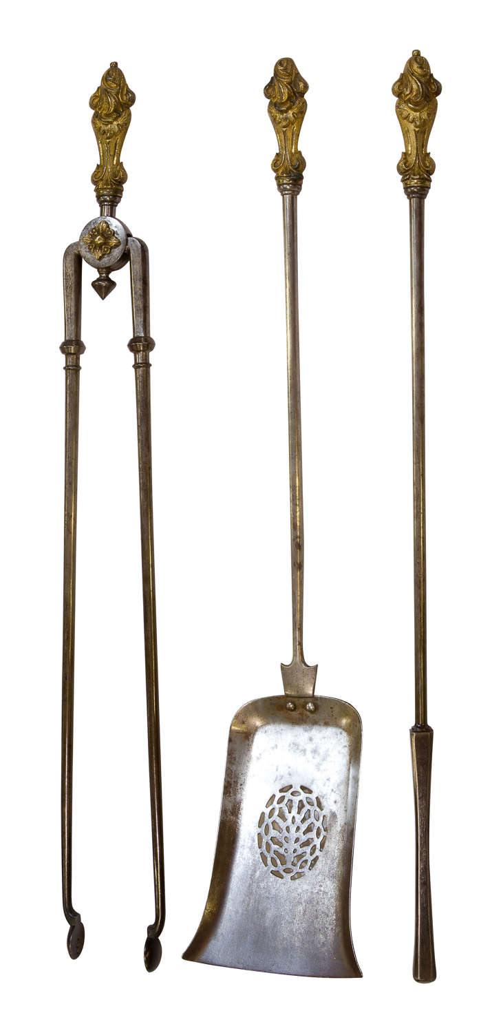 Set of early 19thc steel fire irons