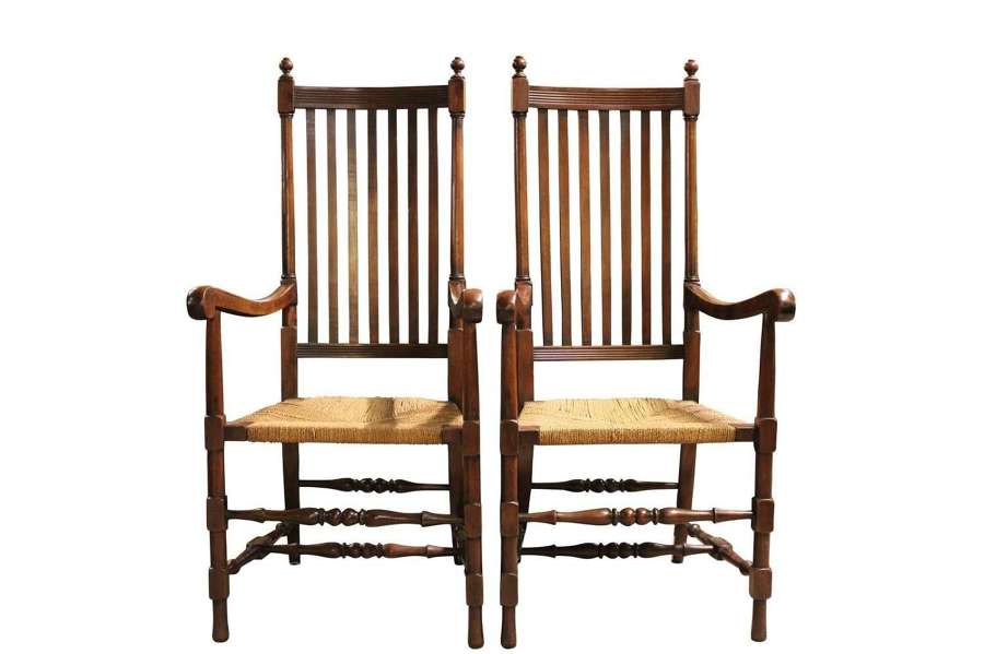 Pair of Oak Arts Crafts High Slat Back Carver Chairs