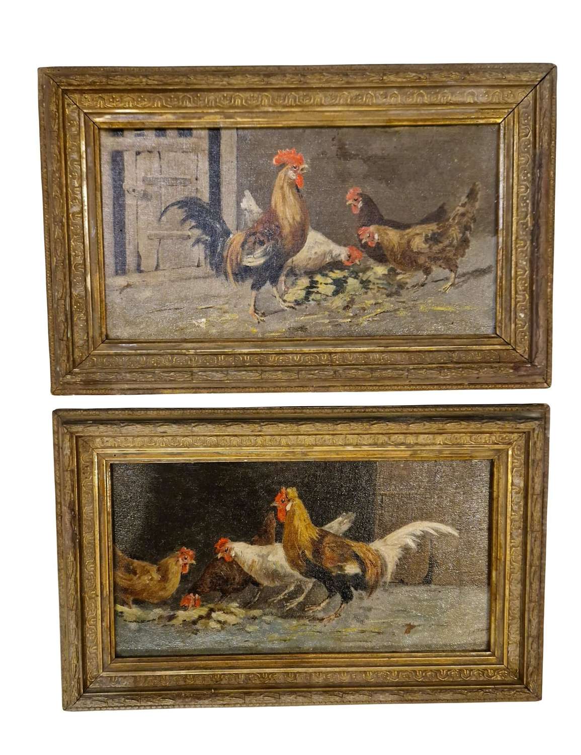 Chickens with Cabbage Leaves - Pair of Oil Paintings