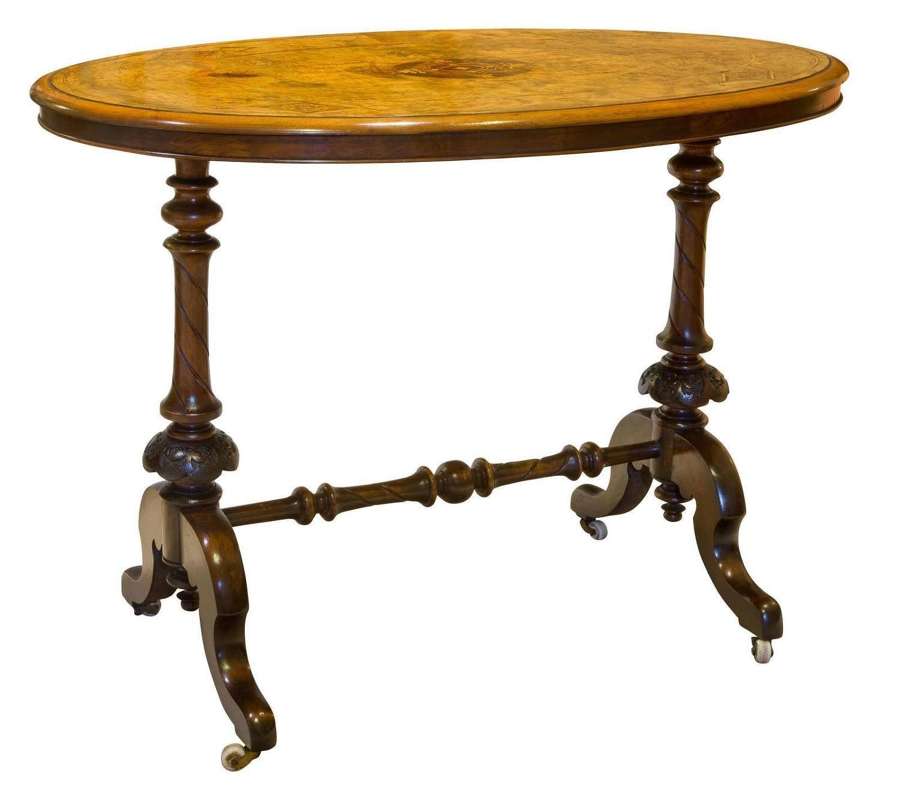 Victorian Inlaid Oval Walnut Stretcher Table