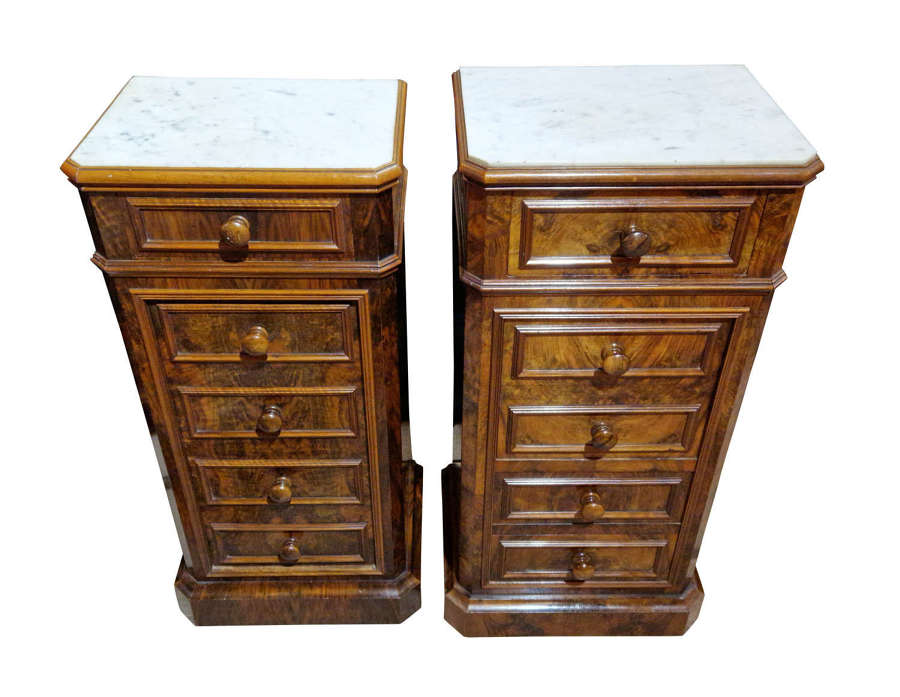 Pair of Marble Top Walnut Bedside Cupboards