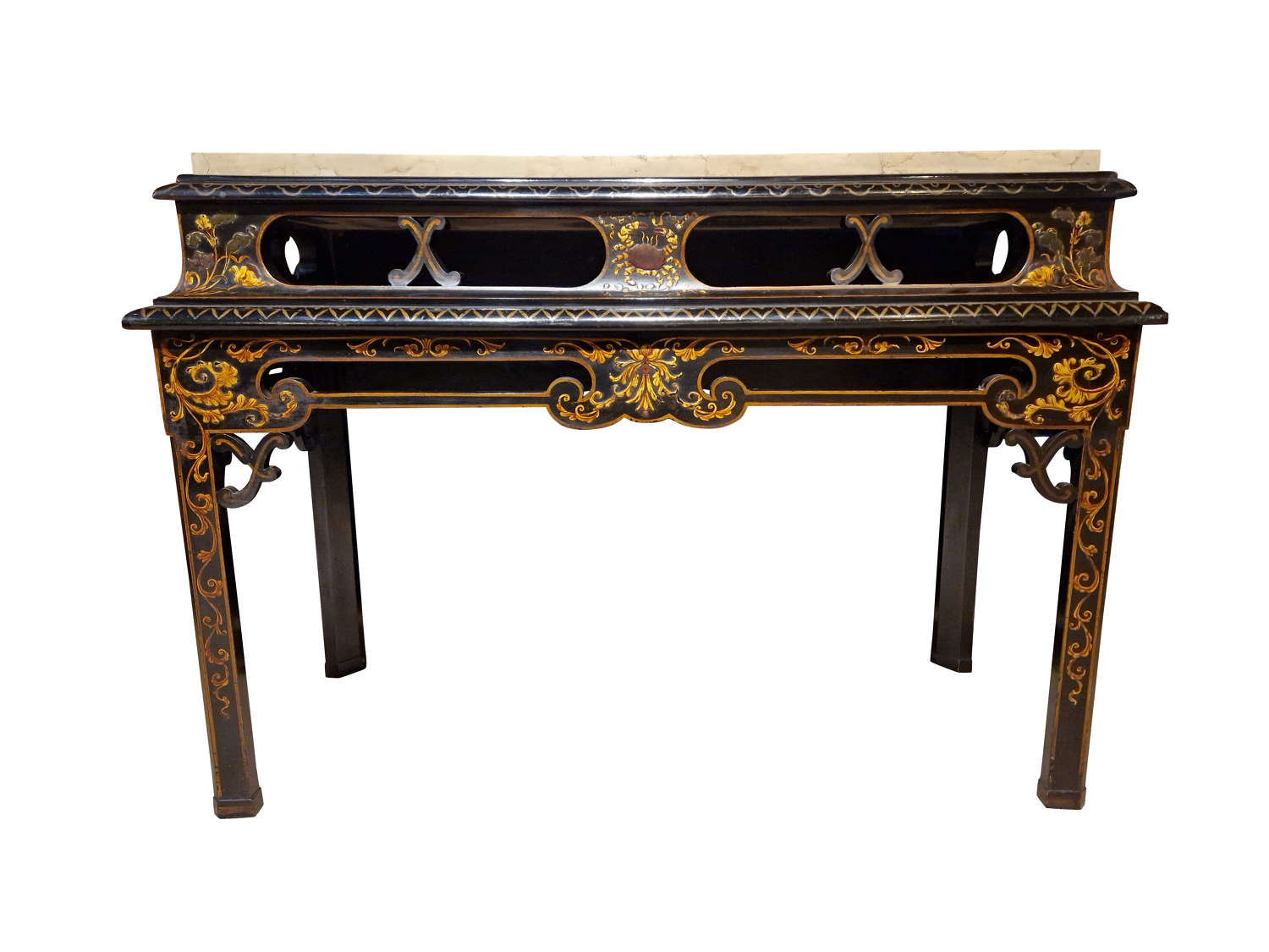 Black Lacquered Console Table with Marble Top