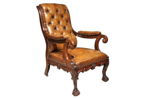 Mahogany Framed Leather Open Armchair