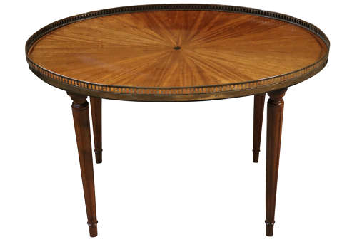 Early 20th Century Oval Walnut Coffee Table with Brass Gallery and Starburst Veneer