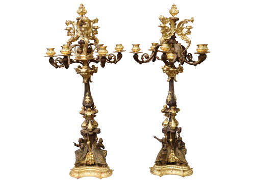Pair of French Parcel Gilt Bronze Candelabrum