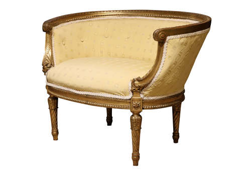 Small Giltwood Boudoir Sofa with Buttoned Curved Back, Circa 1900