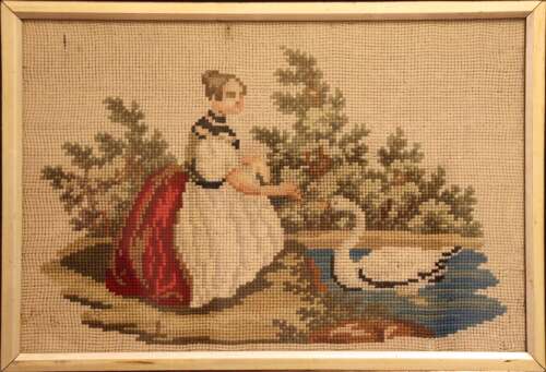 Mid 19th Century Gros Point Needlework – Girl Feeding a Swan, circa 1860