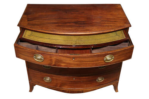 George III Mahogany Bow Fronted Chest with Fitted Writing Drawer, circa 1800