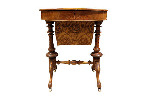 Victorian Inlaid Walnut Sewing Table with Stretcher Base – Circa 1870