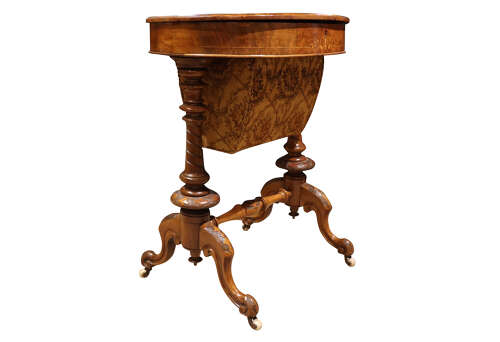 Victorian Inlaid Walnut Sewing Table with Stretcher Base – Circa 1870