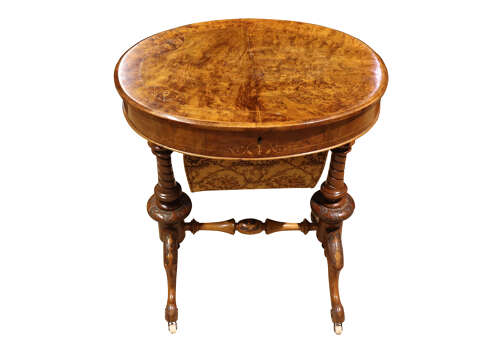 Victorian Inlaid Walnut Sewing Table with Stretcher Base – Circa 1870