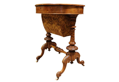 Victorian Inlaid Walnut Sewing Table with Stretcher Base – Circa 1870