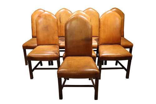 Set of 8 Oak and Leather Dining Chairs – 19th Century