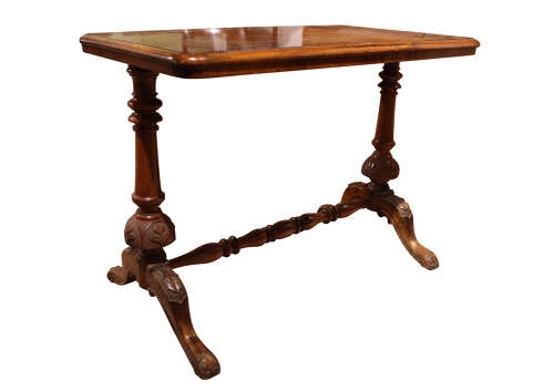 Antique Burr Walnut Stretcher Table with Carved Ends, Circa 1890