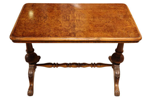 Antique Burr Walnut Stretcher Table with Carved Ends, Circa 1890