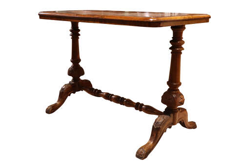 Antique Burr Walnut Stretcher Table with Carved Ends, Circa 1890