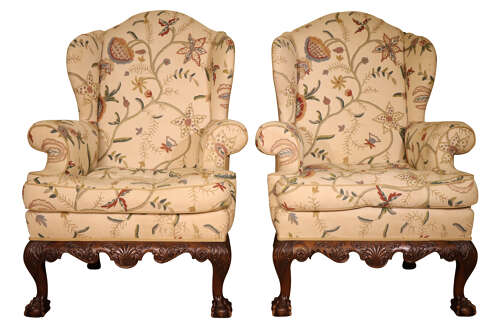 19thc Pair of Large Walnut Framed Wingback Armchairs