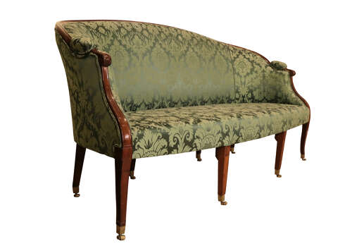 Elegant Geo III Mahogany Framed Salon Sofa in Green Damask Upholstery