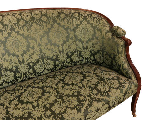 Elegant Geo III Mahogany Framed Salon Sofa in Green Damask Upholstery