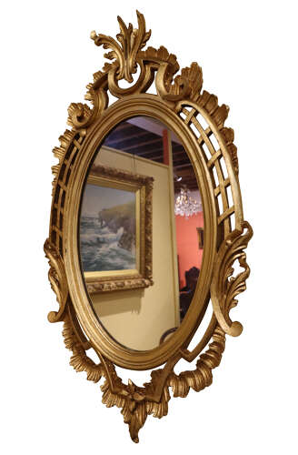 Chippendale Style Oval Giltwood Wall Mirror