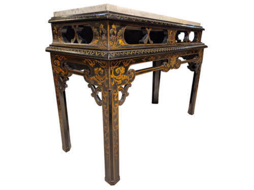 18th-Century Style Black Lacquered Console Table with Marble Top