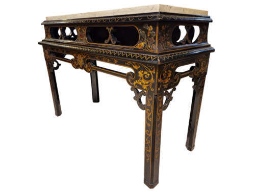 18th-Century Style Black Lacquered Console Table with Marble Top