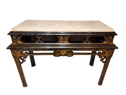 18th-Century Style Black Lacquered Console Table with Marble Top