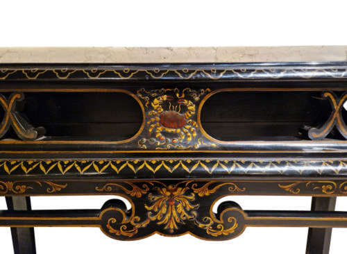 18th-Century Style Black Lacquered Console Table with Marble Top