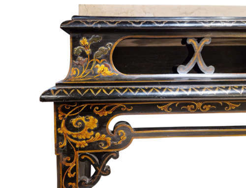 18th-Century Style Black Lacquered Console Table with Marble Top