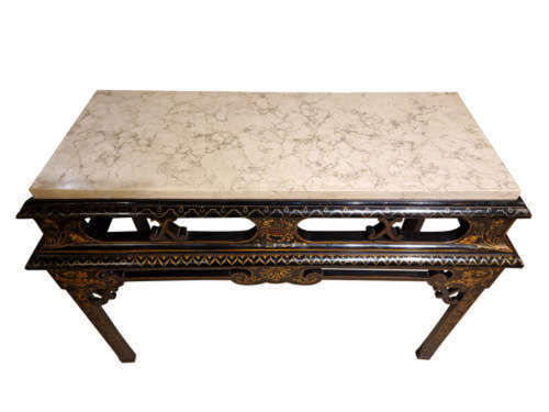 18th-Century Style Black Lacquered Console Table with Marble Top