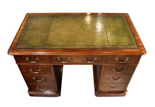 Victorian Mahogany Pedestal Desk with Green Leather Top