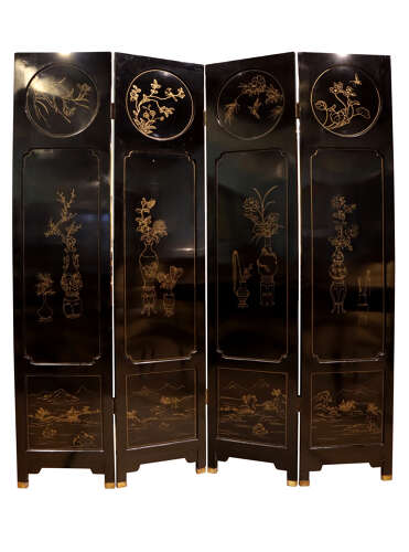 A Chinese Chinoiserie Hardstone-Mounted Black Lacquer Four-Fold Screen, Circa 1930